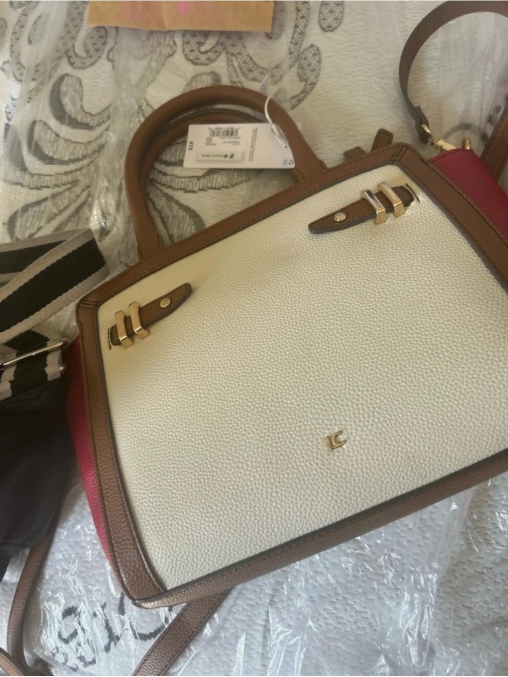 Liz Claiborne Two-Tone Cream and Brown Satchel with Pink Sides